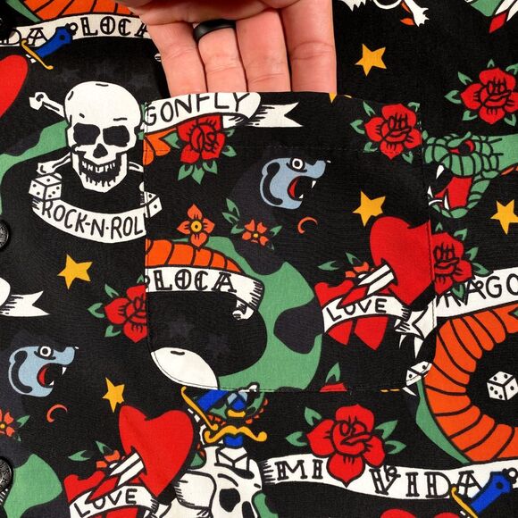 Dragonfly Mens Medium Skull Snake All Over Print Button Camp Shirt Mi Vida Loca - Picture 4 of 8